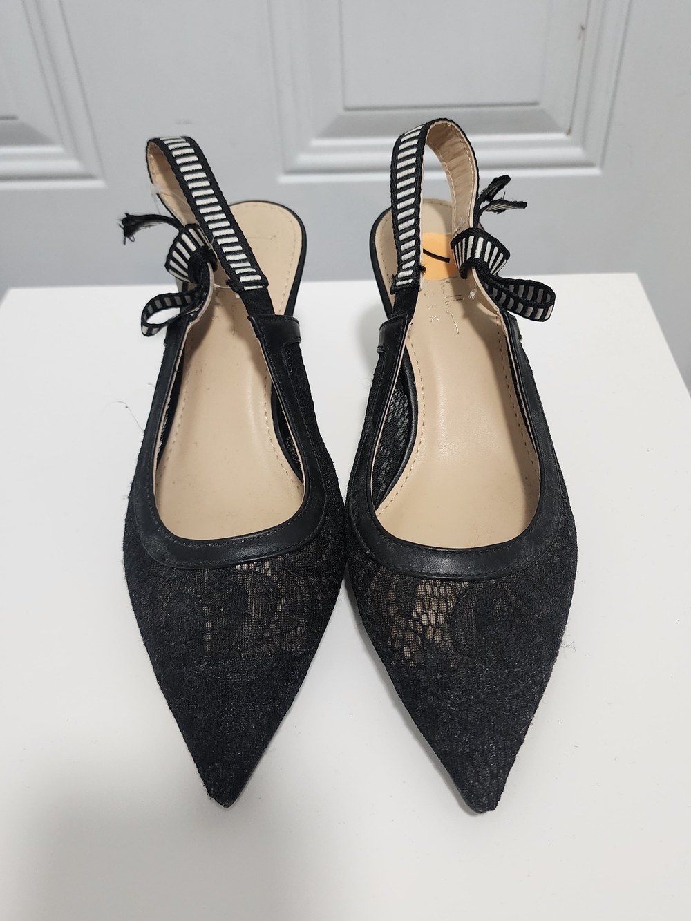 kate spade Black Lace Pointed Slingback Heels with Striped Bow